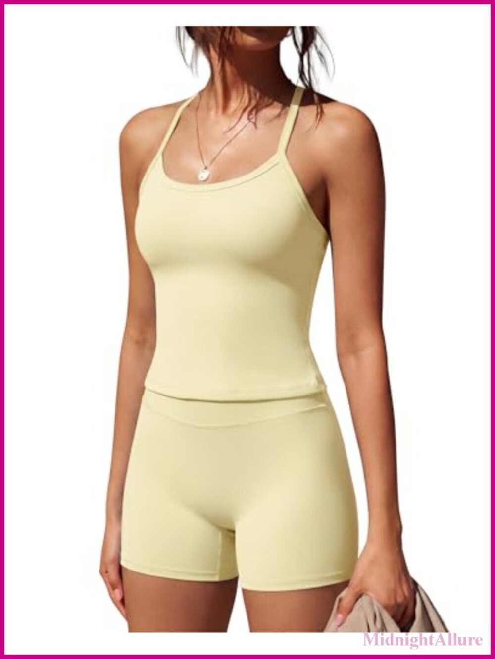 2 Piece Workout Set High Waisted Biker Shorts Halter Padded Tank Top